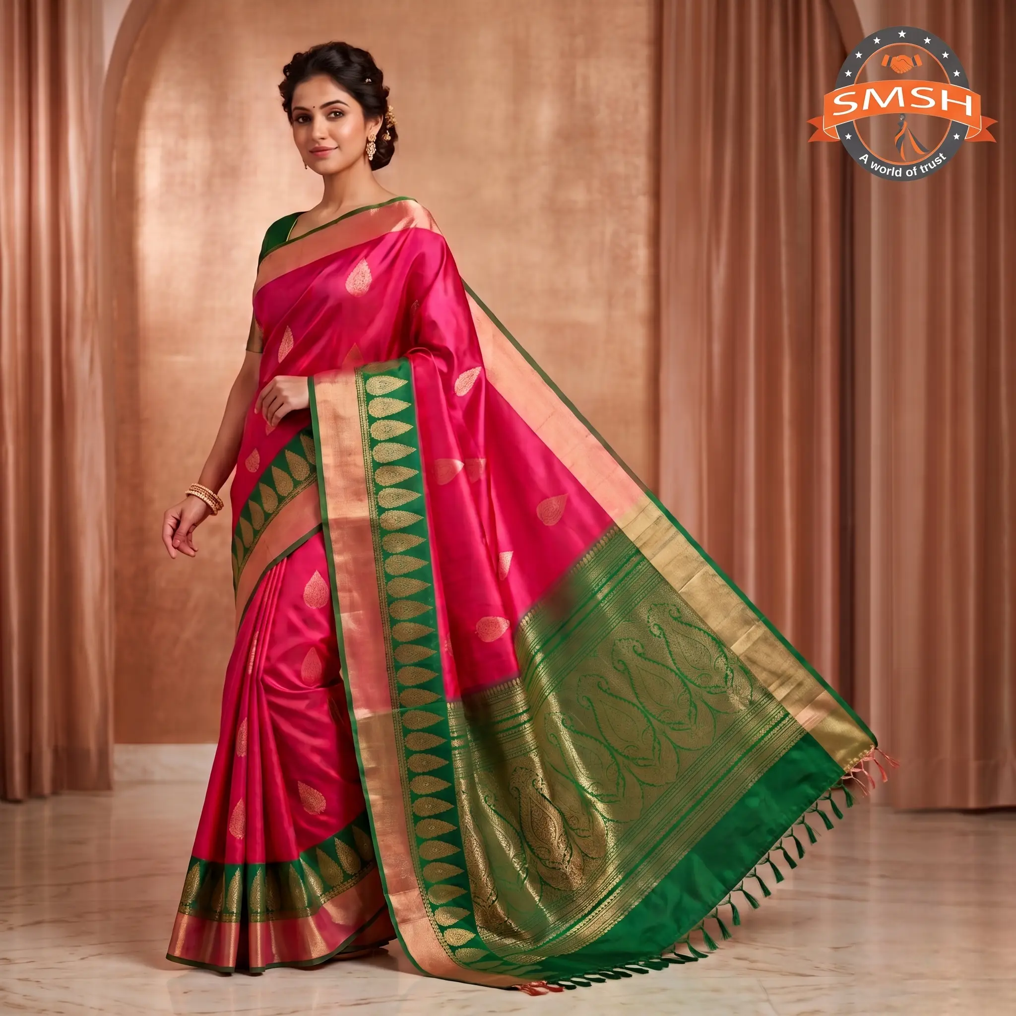 Pink Green Fancy Butta Silk Saree